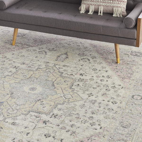 Homeroots 9' Ivory Pink & Gray Floral Medallion Distressed Area Rug - Durable, Stain-resistant, Stylish Decor Piece  Polypropylene 551391