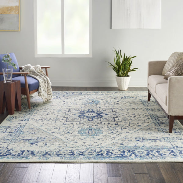 Homeroots 9' X 12' Distressed Floral Medallion Area Rug In Ivory & Light Blue - Durable, Stain Resistant Design  Polypropylene 551393