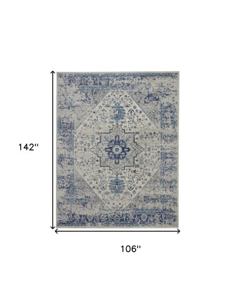 Homeroots 9' X 12' Distressed Floral Medallion Area Rug In Ivory & Light Blue - Durable, Stain Resistant Design  Polypropylene 551393