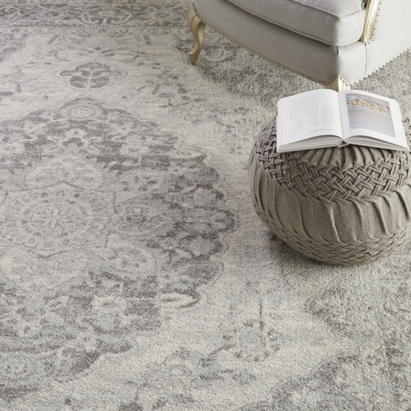 HomeRoots 5' Ivory and Gray Floral Medallion Distressed Area Rug – Elegant, Stain-Resistant Design for Homes 9' X 12' 551394