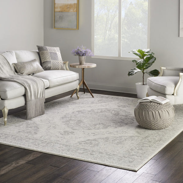 HomeRoots 5' Ivory and Gray Floral Medallion Distressed Area Rug – Elegant, Stain-Resistant Design for Homes 9' X 12' 551394