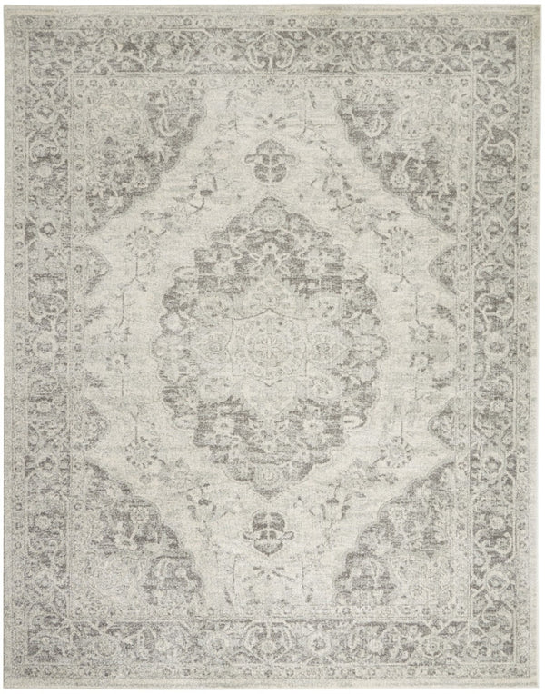 HomeRoots 5' Ivory and Gray Floral Medallion Distressed Area Rug – Elegant, Stain-Resistant Design for Homes 9' X 12' 551394