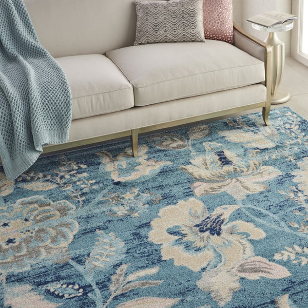 HomeRoots 9' Transitional Floral Area Rug in Turquoise, Cream & Navy Blue - Durable & Stain-Resistant Design 9' X 12' 551395