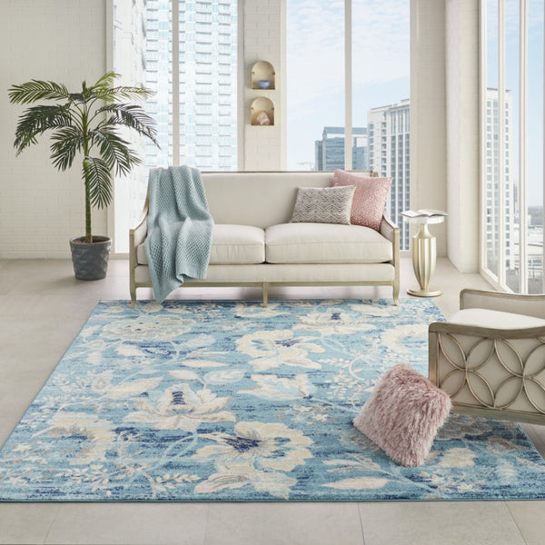 Homeroots 9' Turquoise And Cream Floral Distressed Area Rug - Durable, Stain Resistant, Ideal For Homes With Kids  Polypropylene 551395