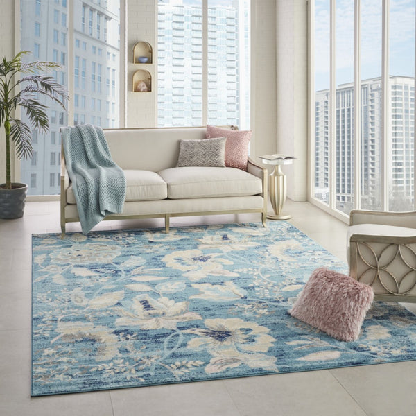 HomeRoots 9' Transitional Floral Area Rug in Turquoise, Cream & Navy Blue - Durable & Stain-Resistant Design 9' X 12' 551395
