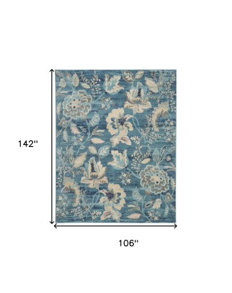 Homeroots 9' Turquoise And Cream Floral Distressed Area Rug - Durable, Stain Resistant, Ideal For Homes With Kids  Polypropylene 551395