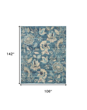 Homeroots 9' Turquoise And Cream Floral Distressed Area Rug - Durable, Stain Resistant, Ideal For Homes With Kids  Polypropylene 551395