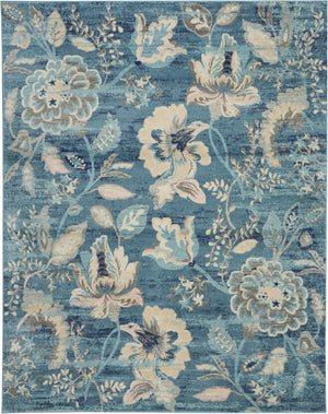 HomeRoots 9' Transitional Floral Area Rug in Turquoise, Cream & Navy Blue - Durable & Stain-Resistant Design 9' X 12' 551395