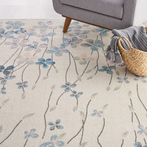 HomeRoots 5' Elegant Ivory and Blue Floral Area Rug - Durable, Stain-Resistant Design for Family Spaces 9' X 12' 551396
