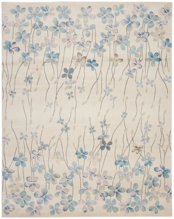 HomeRoots 5' Elegant Ivory and Blue Floral Area Rug - Durable, Stain-Resistant Design for Family Spaces 9' X 12' 551396