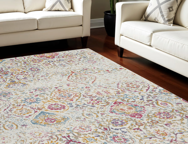 Homeroots 9' X 12' Ivory Red And Light Blue Damask Distressed Area Rug  Polyester 551402