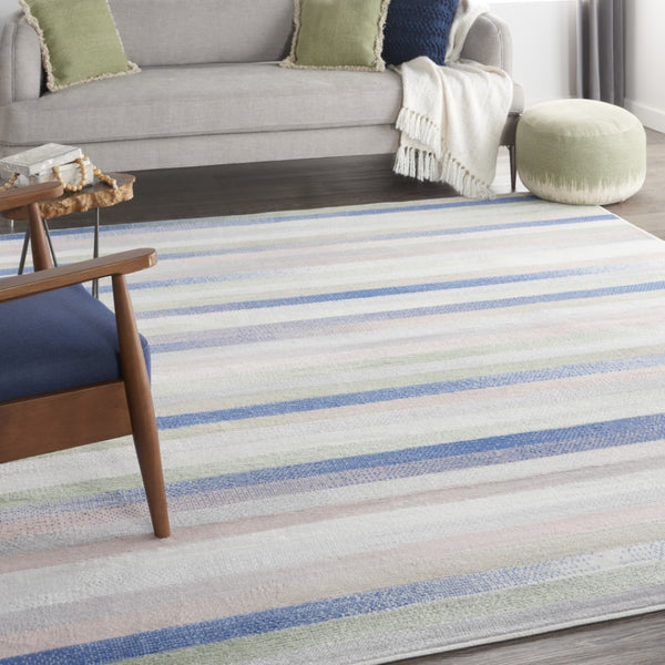 HomeRoots 8' Abstract Distressed Area Rug in Ivory Tan and Blue – Durable, Stain-Resistant, Non-Skid Design 8' X 12' 551403