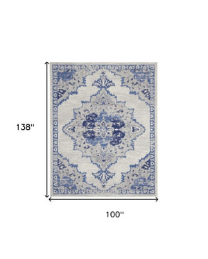Homeroots 7' Distressed Floral Medallion Area Rug In Ivory And Blue - Stain Resistant, Non-skid Design For Style 8' X 12' Polyester 551405