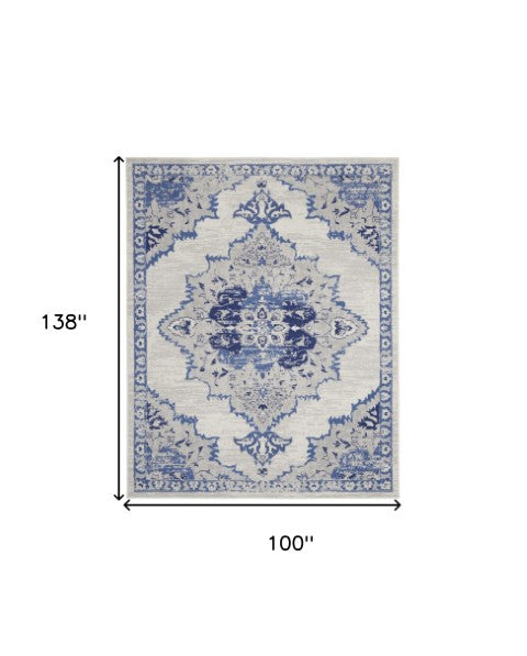 Homeroots 7' Distressed Floral Medallion Area Rug In Ivory And Blue - Stain Resistant, Non-skid Design For Style 8' X 12' Polyester 551405