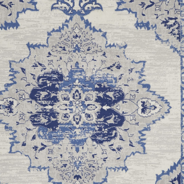 Homeroots 7' Distressed Floral Medallion Area Rug In Ivory And Blue - Stain Resistant, Non-skid Design For Style 8' X 12' Polyester 551405