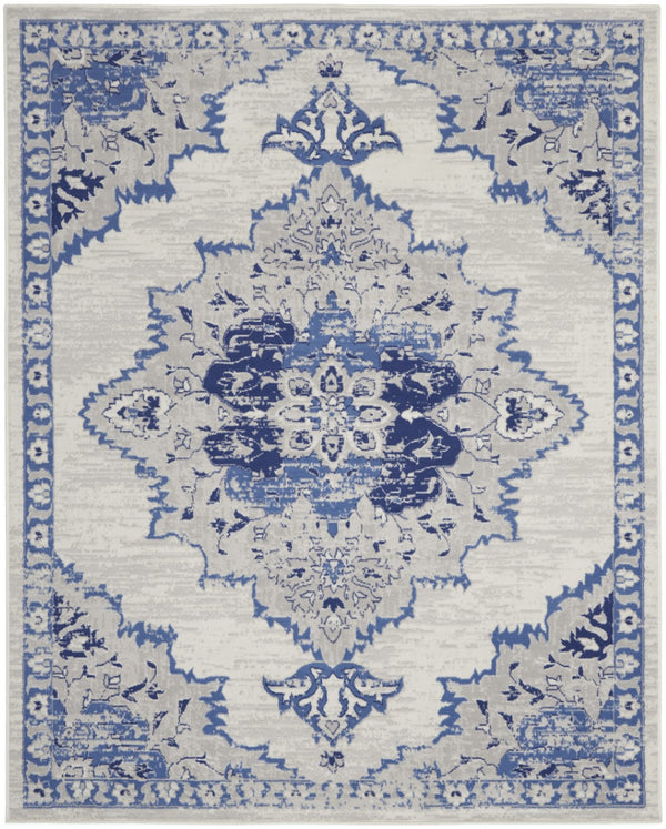 HomeRoots 7' Distressed Floral Medallion Area Rug in Ivory and Blue – Stain-Resistant, Non-Skid Comfort 8' X 12' 551405