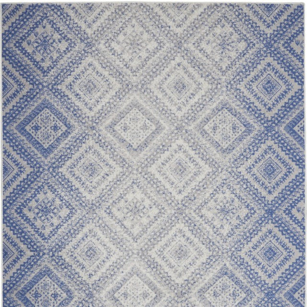 Homeroots 7' Ivory And Blue Geometric Distressed Non-skid Area Rug - Durable, Stain-resistant Comfort For Homes 8' X 12' Polyester 551406
