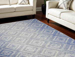 Homeroots 7' Ivory And Blue Geometric Distressed Non-skid Area Rug - Durable, Stain-resistant Comfort For Homes 8' X 12' Polyester 551406