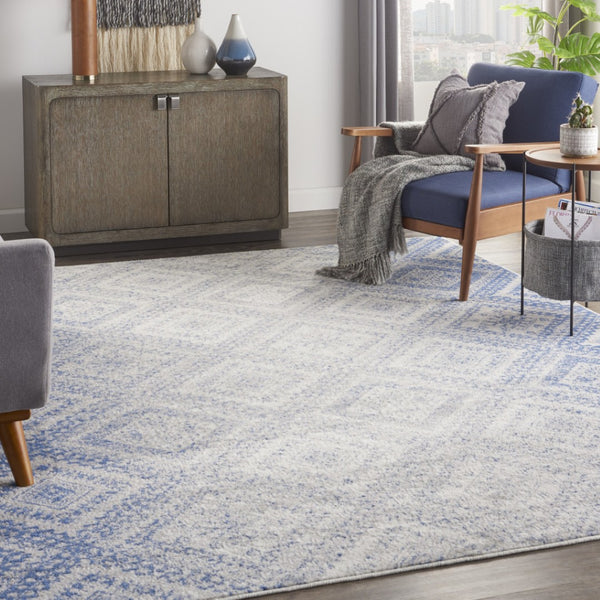 HomeRoots 8' Ivory and Blue Geometric Distressed Area Rug - Durable, Non-Skid Design for Modern Homes 8' X 12' 551406