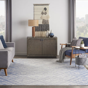 HomeRoots 8' Ivory and Blue Geometric Distressed Area Rug - Durable, Non-Skid Design for Modern Homes 8' X 12' 551406