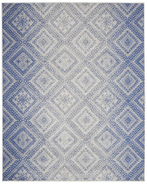 HomeRoots 8' Ivory and Blue Geometric Distressed Area Rug - Durable, Non-Skid Design for Modern Homes 8' X 12' 551406
