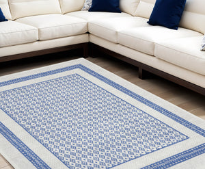 Homeroots 8' X 12' Ivory And Blue Geometric Distressed Area Rug - Durable, Non-skid, Stain Resistant Design! 8' X 12' Polyester 551407