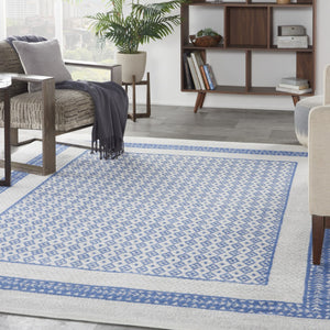 HomeRoots 8' Distressed Ivory and Blue Geometric Area Rug - Soft, Stain-Resistant, Non-Skid Design for Modern Homes 8' X 12' 551407