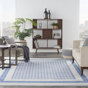 HomeRoots 8' Distressed Ivory and Blue Geometric Area Rug - Soft, Stain-Resistant, Non-Skid Design for Modern Homes 8' X 12' 551407