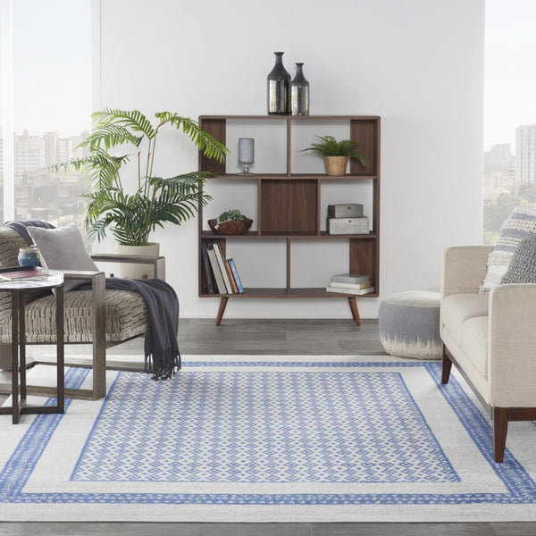 HomeRoots 8' Distressed Ivory and Blue Geometric Area Rug - Soft, Stain-Resistant, Non-Skid Design for Modern Homes 8' X 12' 551407