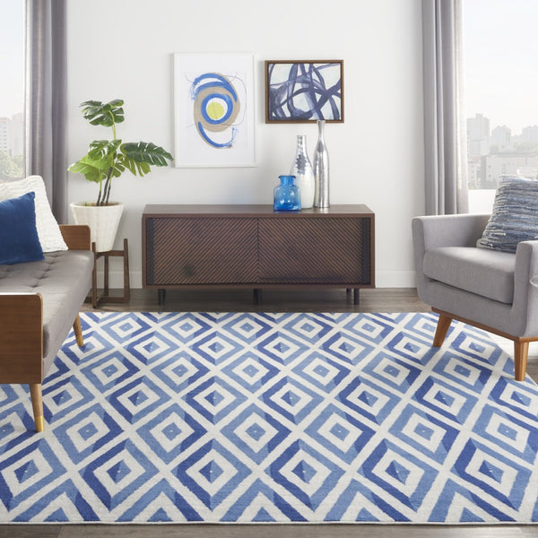 HomeRoots 8' Stylish Ivory and Blue Geometric Distressed Area Rug with Non-Skid Backing for High Traffic Areas 8' X 12' 551408