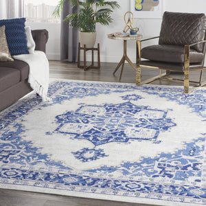 HomeRoots 7' Ivory and Blue Floral Medallion Area Rug - Durable, Non-Skid, Stain-Resistant Design for Homes 8' X 12' 551409
