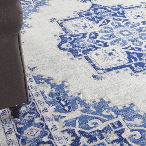 HomeRoots 7' Ivory and Blue Floral Medallion Area Rug - Durable, Non-Skid, Stain-Resistant Design for Homes 8' X 12' 551409