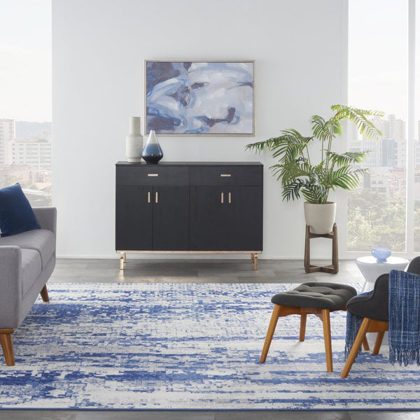 HomeRoots 7' Ivory and Navy Blue Abstract Distressed Area Rug – Durable, Stain-Resistant, Perfect for High-Traffic Spaces 8' X 12' 551411