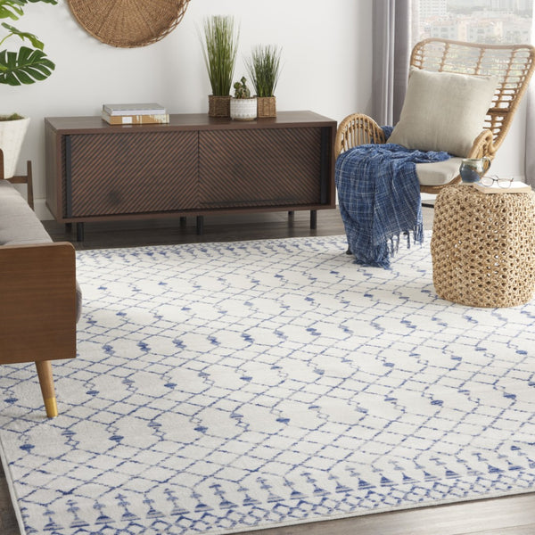 HomeRoots 8' Elegant Ivory and Blue Geometric Distressed Area Rug – Soft, Non-Skid, Stain Resistant Design 8' X 12' 551413