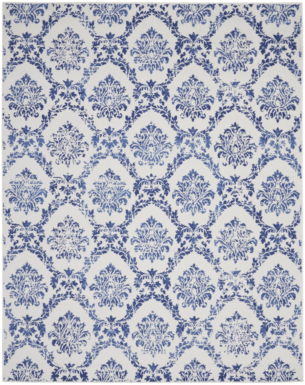 Homeroots 8' X 12' Ivory And Navy Blue Damask Distressed Non Skid Area Rug  Polypropylene 551414