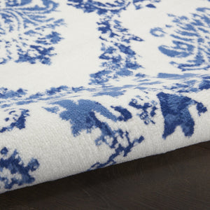 HomeRoots 7' Elegant Ivory and Navy Damask Distressed Area Rug - Durable, Stain-Resistant, Perfect for Busy Homes 8' X 12' 551414