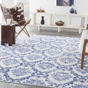 HomeRoots 7' Elegant Ivory and Navy Damask Distressed Area Rug - Durable, Stain-Resistant, Perfect for Busy Homes 8' X 12' 551414