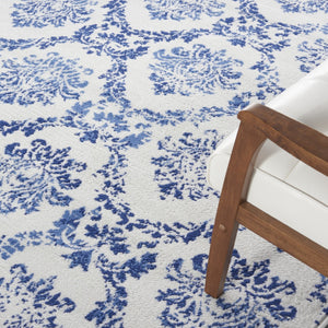 HomeRoots 7' Elegant Ivory and Navy Damask Distressed Area Rug - Durable, Stain-Resistant, Perfect for Busy Homes 8' X 12' 551414