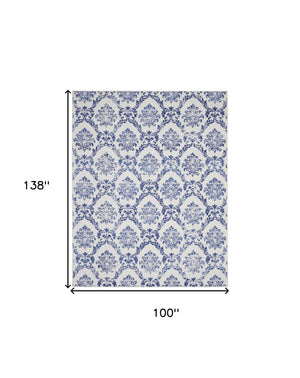 Homeroots 8' X 12' Ivory And Navy Blue Damask Distressed Non Skid Area Rug  Polypropylene 551414