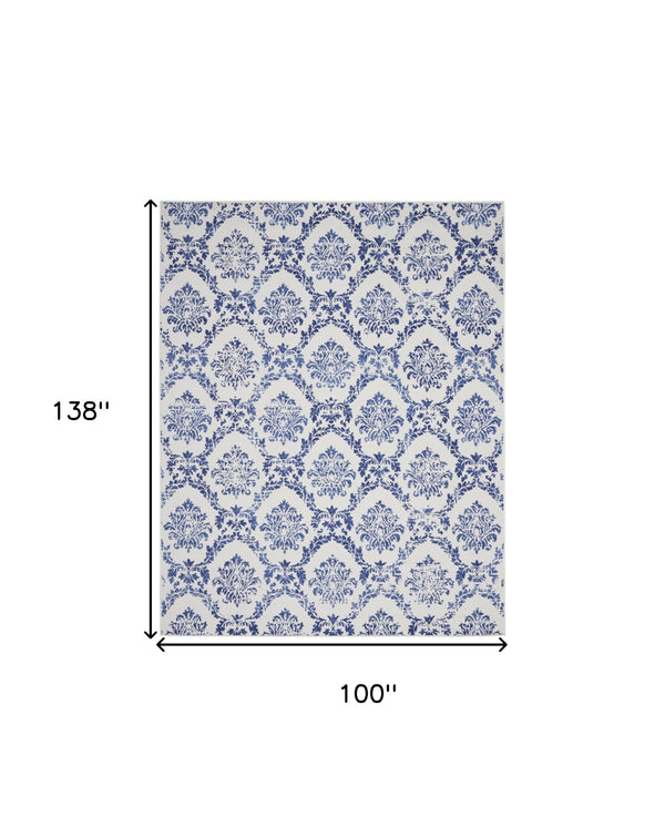 Homeroots 8' X 12' Ivory And Navy Blue Damask Distressed Non Skid Area Rug  Polypropylene 551414