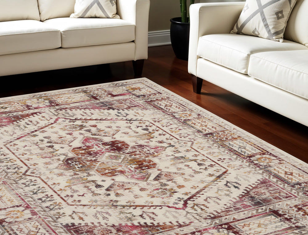 Homeroots 9' X 12' Elegant Floral Distressed Non-skid Area Rug In Ivory Red & Orange - Stain Resistant & Durable  Polypropylene 551419