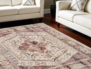 Homeroots 9' X 12' Elegant Floral Distressed Non-skid Area Rug In Ivory Red & Orange - Stain Resistant & Durable  Polypropylene 551419