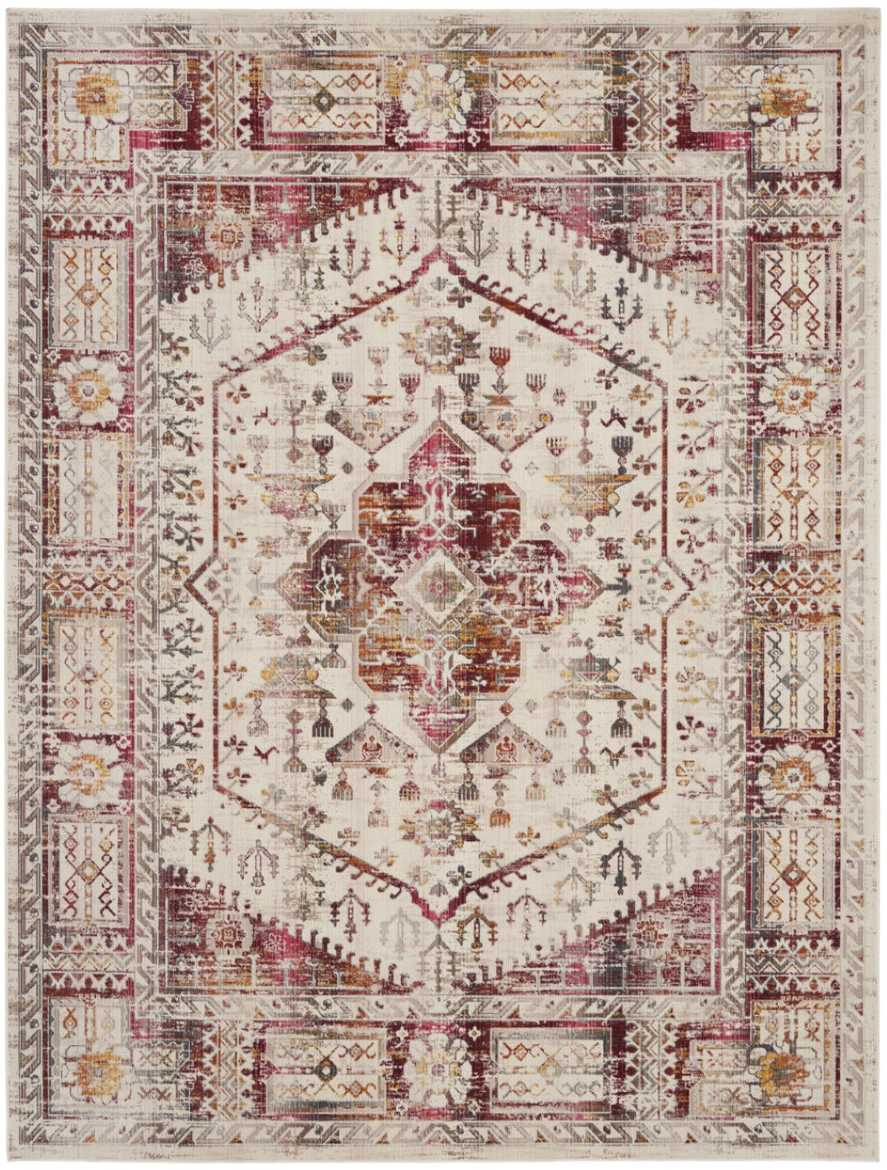 HomeRoots 8' Floral Distressed Area Rug in Ivory, Red & Orange - Durable, Stain-Resistant, Non-Skid Design 9' X 12' 551419
