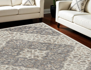 HomeRoots 8' Elegant Ivory and Gray Floral Area Rug - Non-Skid, Durable Design for Living Spaces and More 9' X 12' 551425