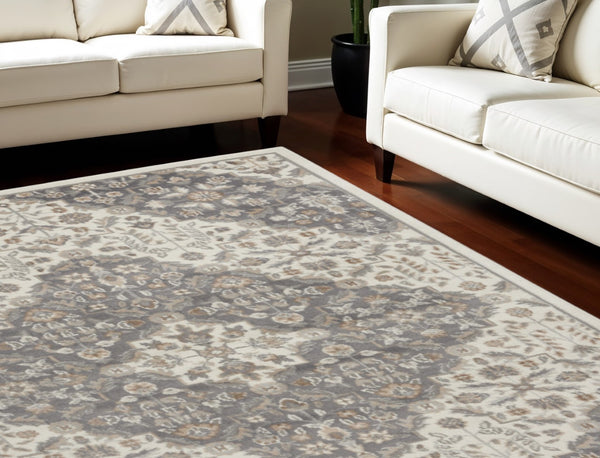 HomeRoots 8' Elegant Ivory and Gray Floral Area Rug - Non-Skid, Durable Design for Living Spaces and More 9' X 12' 551425
