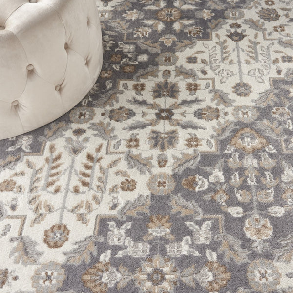 HomeRoots 8' Elegant Ivory and Gray Floral Area Rug - Non-Skid, Durable Design for Living Spaces and More 9' X 12' 551425