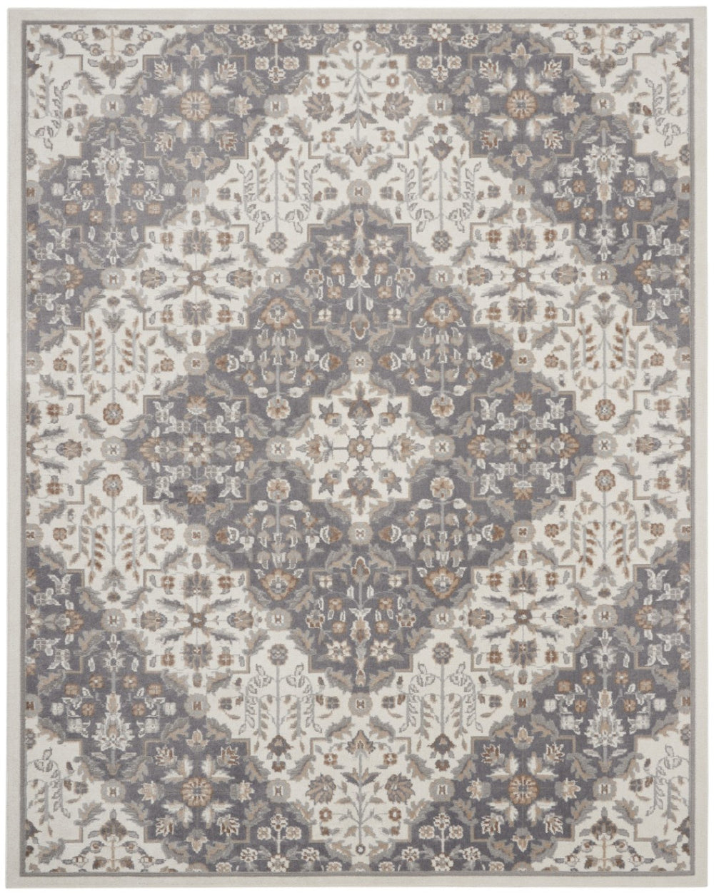 HomeRoots 8' Elegant Ivory and Gray Floral Area Rug - Non-Skid, Durable Design for Living Spaces and More 9' X 12' 551425