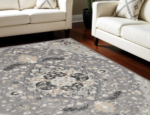 HomeRoots 8' Gray and Black Floral Medallion Area Rug – Elegant Non-Skid Design for Classic Home Décor 9' X 12' 551429