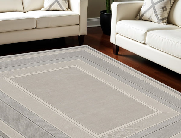 HomeRoots 9' X 12' Silver and Ivory Geometric Non-Skid Area Rug - Durable, Stylish, and Stain-Resistant Design 551430