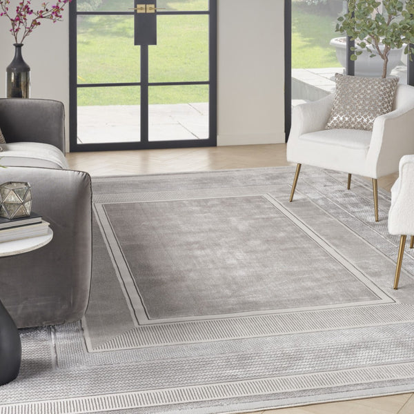 HomeRoots 9' X 12' Silver and Ivory Geometric Non-Skid Area Rug - Durable, Stylish, and Stain-Resistant Design 551430